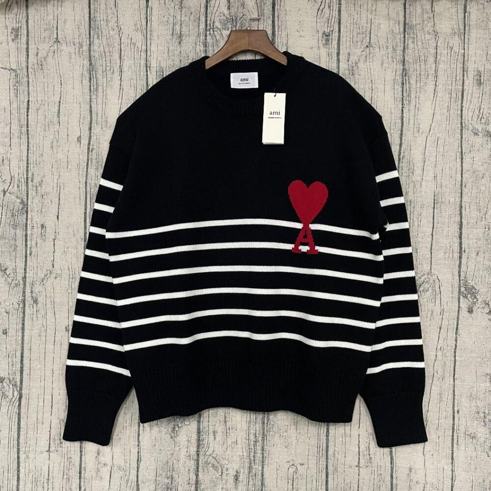Ami Paris Heart Stripe Crew Neck Sweater L